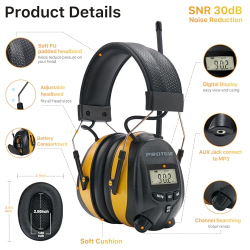 AM/FM Radio Headphones 25dB NRR,Noise Reduction Safety Earmuffs,Digital Display Headset,Powered by AA Battery,Hearing Protection for Walkman Mowing Lawn Work,Yellow - color: Yellow