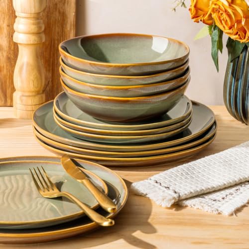 TheTerra Ceramic Dinnerware Set for 4, 12-Piece Plates and Bowls Set - color: Sage Umber