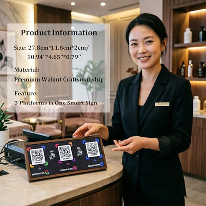 Walnut NFC Business Sign with 3 QR Codes – Tap & Scan to Connect, Compatible with Google Review, Instagram, Facebook Follow, No App, No Monthly Fee, Editable Links, Desk Display for Small Business