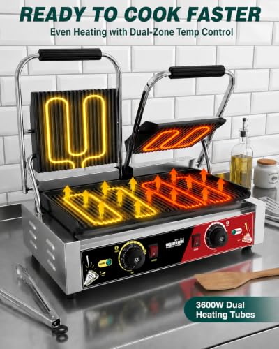 WantJoin Commercial Panini Press Sandwich Panini Maker - 3600W Fast Top & Bottom Heating, 19" x 9" Double Grooved Plates, Dual Temp Control, Sandwich Maker for Restaurant Food Truck