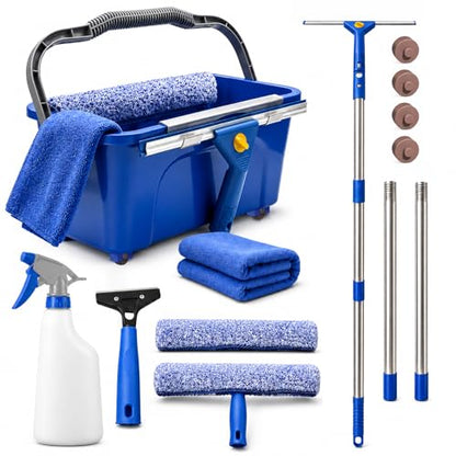 Window Cleaning Kit with Extendable Long Handle, Professional Window Squeegee & Window Washer Tool Set for Indoor Outdoor High Windows, Glass, RV & Shower Doors