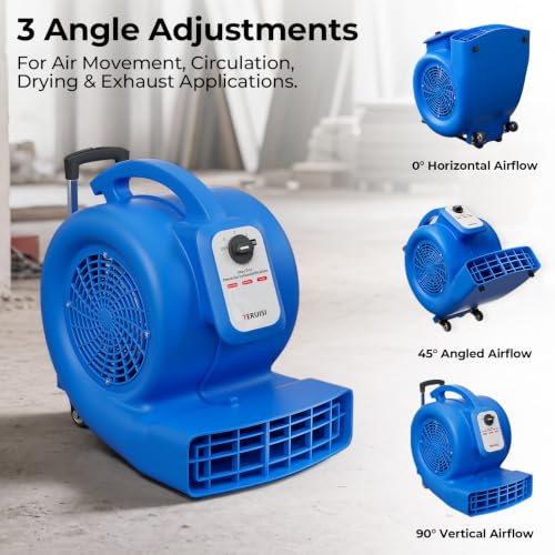 Air Mover Blower Fan, 1/2 HP Floor Dryer, 1800 CFM 3 Speed Adjustable Wide Angle Airflow, Swivel Wheels Telescopic Handle 7ft Cord, Carpet Floor Commercial Use
