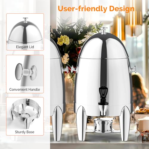 ROVSUN 3 Gallon/12L Beverage Dispenser, Stainless Steel Coffee Chafer Urn with Fuel Holder, Drink Dispenser with Stand Ice Container Spigot, Hot & Cold Drinks for Party Catering Buffet Banquet, Silver - color: Silver