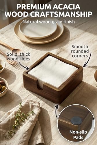 DEMIGO Acacia Wood Cocktail Napkin Holder 5.4 in, Square Bar Napkin Tray - size: 5.4x5.4x1.5 Inch Cocktail Napkin Holder