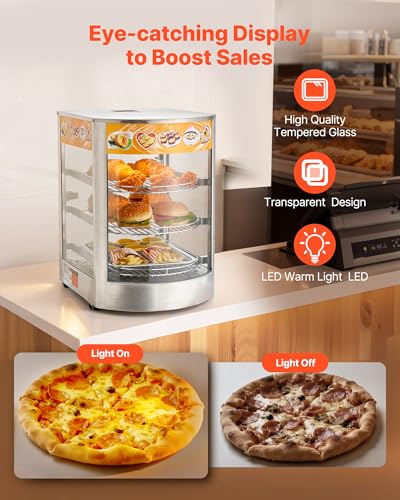 VEVOR 3-Tier Commercial Food Warmer Display, 800W Food Display Warmer with LED Light, Adjustable Shelf and Stainless Steel Frame, 86℉~185℉ Air Heating, 60L for Hamburger, Pizza, Bread, Fried Chicken - size: 3-Tier-42Qt