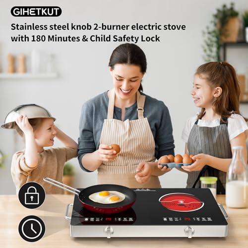 GIHETKUT Electric Cooktop,110V 2400W Stove top, Countertop Cooktop with 9 Power Levels, LED Display,Child Safety Lock, Timer,Knob and Touch Control 2 burner Electric cooktop - size: 2 burner stove top