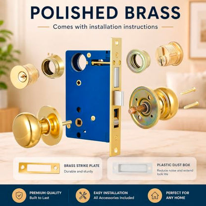 Tandefio 1 Set Double Cylinder Mortise Lock, Left Hand, Brass - color: Brass, style: Left Hand