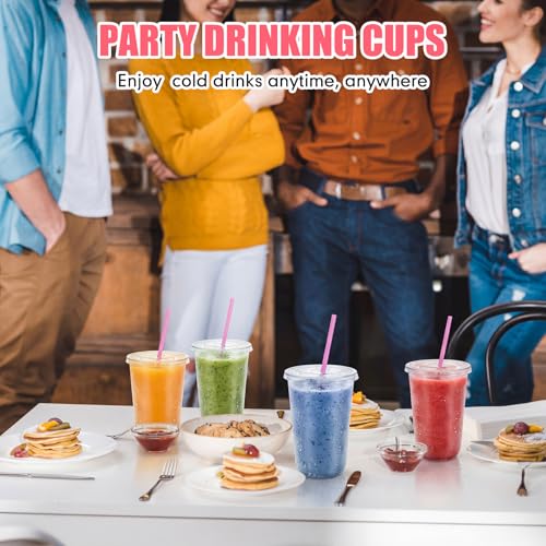 Ziliny 50 Pack 18 oz Plastic Cups with Lids Straws Iced Coffee, Pink - color: Pink, size: 18 oz
