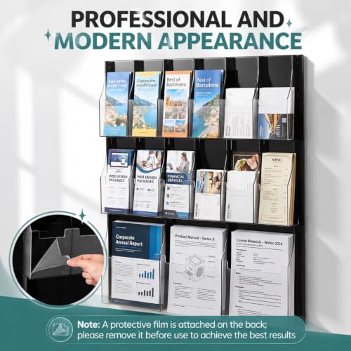 Sintuff Acrylic Brochure Rack 3 Magazine Holders 12 Pamphlet 31.7 x 28.3 Inch Wall Mounted Three Fold Brochure Rack Black Transparent Suitable for Data Storage in Offices School Homes