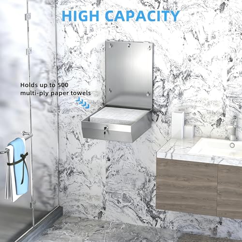 Comercial Paper Towel Dispenser Wall Mount, Brushed Stainless Steel Hand Towel Dispenser with Lock, Large Capacity 400 C-Trifold Multifold Paper Towel Holder for Bathroom Kitchen Office Public Places