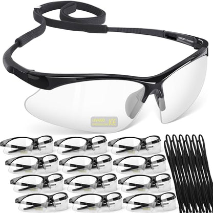 OXG 12 Pack Anti Fog Safety Glasses for Men, ANSI Z87.1 Protective Eyewear - color: Clear With Straps