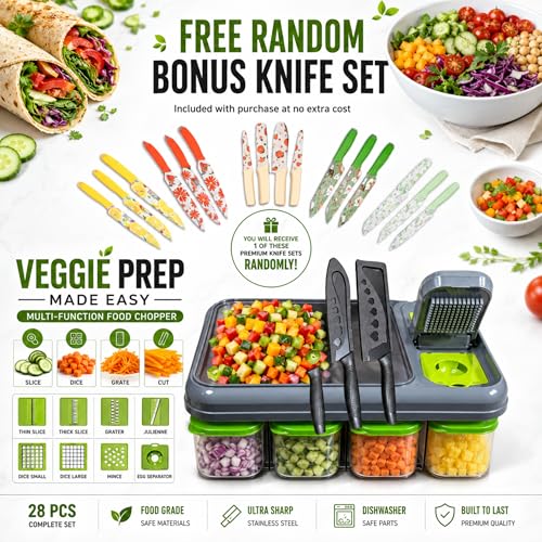 “28PCS Ultimate Vegetable Chopper Set – Multifunctional Food Processor with Large Container, Sharp Stainless Steel Blades & Hand Guard for Quick, Safe, Effortless Slicing, Dicing & Grating” - color: Green cutter and blades