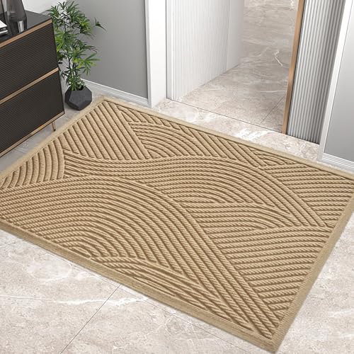 HIYARD Sturdy Front Door Mat, Absorbent Muddy Dirt Resist Welcome Door Mats Outdoor Indoor, Stain and Fade Resistant, Non-Slip Backing Entry Mat Low Profile Doormat for Entryway, 47×32, Beige - color: Beige, size: 2'8" x 3'11" (Rectangular)