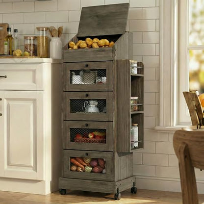 ARTETHYS Potato Storage Bin 5-Tier Rolling White Bread Box with Side Rack - color: Gray