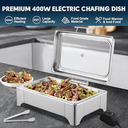 9QT Electric Chafing Dish, Full Size Buffet Warmer with Glass Lid - size: 606-Full Pan