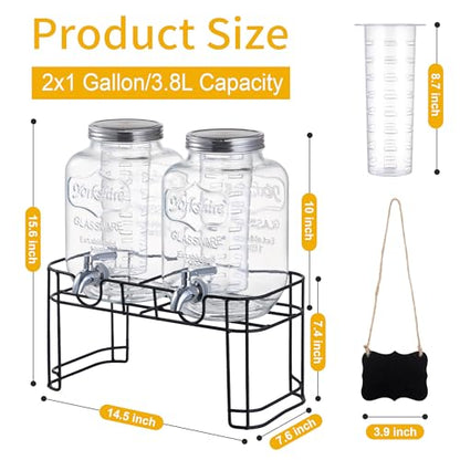 1 Gallon Glass Beverage Dispenser Set of 2 with Stand & Fruit Infuser, Stainless Steel Spigot, Beverage Dispenser for Parties, Weddings, BBQs, Lemonade, Sun Tea, Juice & Cold Drinks - size: 1 Gallon Double