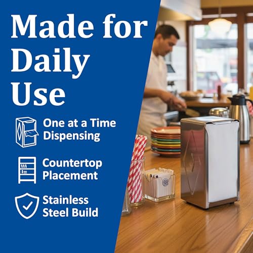 San Jamar H900X Tall Fold Restaurant Style Napkin Dispenser, 7-1/2" x 3-3/4", 150 Capacity, Satin Stainless