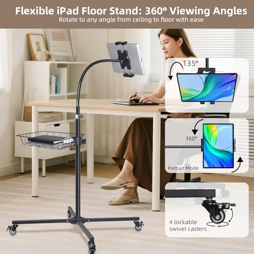 Rolling Tablet Floor Stand with Wheels - Bed Mount for 4.7-13" iPad