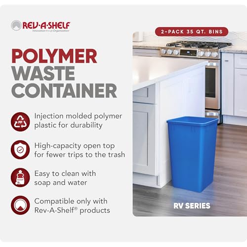 Rev-A-Shelf 2-Pack 35 Quart Polymer Replacement Trash Bin, Recycle Waste Garbage Container for Kitchen Cabinet Pullouts, Blue, RV-35-22-2 - Large Plastic Bins for Home and Office - color: Blue, style: 2 Pack
