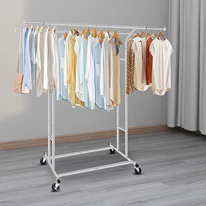 Fishat Silver 60" H Heavy Duty Double Rod Rolling Garment Clothes Rack - color: Chrome