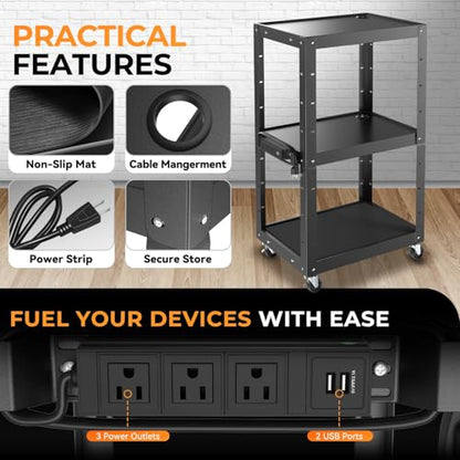 Auto Dynasty Adjustable AV Cart w/Power Strip, 4 ft Rolling Stand, Black - color: Black
