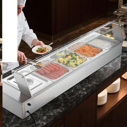 VEVOR Commercial Food Warmer, 1500W Electric Stainless Steel Steam Food Warmer with Glass Cover, Countertop Buffet Bain Marie with Five 1/2 Size Food Pans, for Catering, Restaurant, Party & Buffets - size: 5*1/2Pan