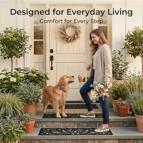 YOUEON 4 Pcs Rubber Stair Treads Non-Slip for Indoor & Outdoor Stairs, 29 x 9.5 Inch Heavy Duty Decorative Step Mats with Assembly Kits, Weather Resistant, Easy to Clean, Lotus Cutout, Black