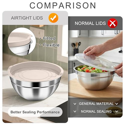 HaWare Mixing Bowls with Airtight Lids, 6-Piece Stainless Steel Salad Bowls - color: Khaki, size: Airtight Lids