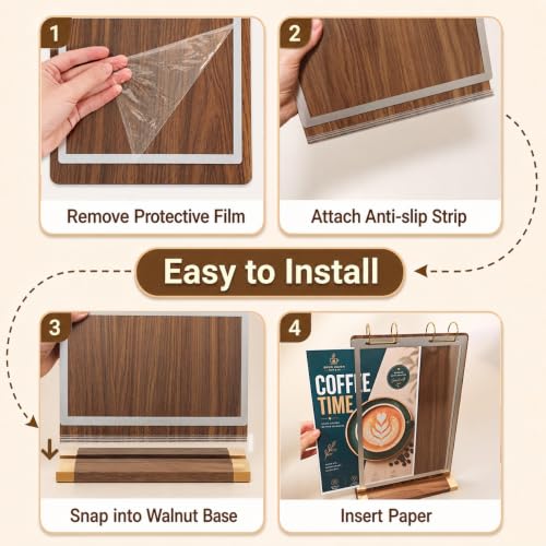 Flip Wooden Sign Holder 4 x 6 with Clear 4-Page PVC Sleeves, Vertical Tabletop Menu Display Stand for Restaurant, Office, Retail Store, Trade Show - size: 4x6, 1 Pack