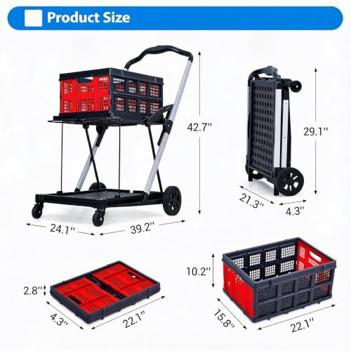 IDEALHOUSE 2-Tier Collapsible Shopping Cart 198lbs Foldable Grocery Cart - color: Red