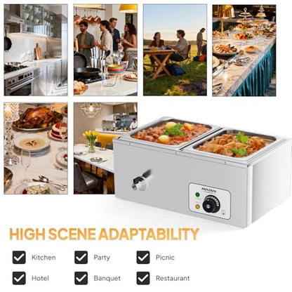 Bonnlo 21 QT 2 Pan Commercial Electric Food Warmer, Counter Top Electric Bain-Marie with Warming Plate, Steam Table Food Warmer for Catering, Parties Buffet and Restaurant, Stainless Steel, 1200W - size: 21QT-2 pan