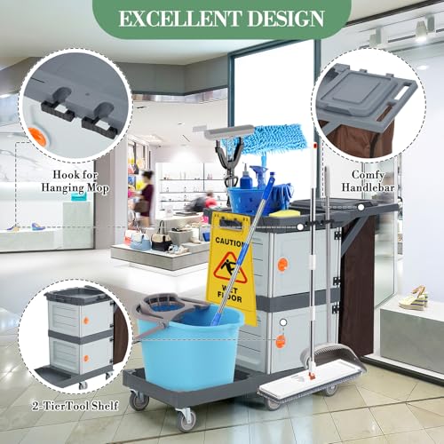 Janitorial Cart on Wheels, Cleaning Carts with 2 Cabinet, Cover, 3 Shelves and Bag, Multifunctional Home Commercial Utility Cart for Housekeeping, School Hotel Business