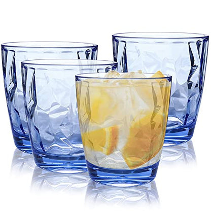 Topsky 10 oz Plastic Water Tumblers | Set of 4 Transparent Unbreakable Drinking Glasses Clear Acrylic Reusable Juice Wine Cups for Home Picnic Party, Dishwasher Safe, Stackable (Blue) - color: Blue 10oz