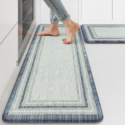 KIMODE Anti Fatigue Kitchen Mat 2 PCS Farmhouse Kitchen Rugs Sets of 2 - color: Blue, size: 17.3" x 47 "+ 17.3" x 29 "--0.47 inches
