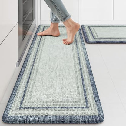 KIMODE Anti Fatigue Kitchen Mat 2 PCS Farmhouse Kitchen Rugs Sets of 2 - color: Blue, size: 17.3" x 47 "+ 17.3" x 29 "--0.47 inches