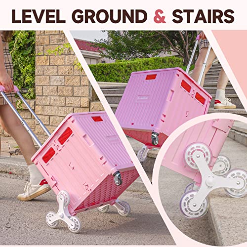 Nedcart Rolling Crate with Stair Climbing Wheels, Foldable Utility Cart with Detachable Lid & Telescoping Handle, Portable Rolling Cart Tote Basket for Teacher Upstairs Grocery Shopping