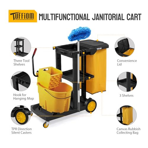 TUFFIOM Commercial Traditional Cleaning 3-Shelf Janitorial Cart, 500 Lbs Capacity Housekeeping Cart, Wheeled with Yellow VinylBag and Cover w Lid, Black, - color: Black