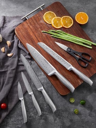 Knife Set, FOHERE 7 Pieces Kitchen Knife Set with Built-in 5 x Sharpeners, Waved Texture Knife Set with Block, Stainless Steel Knife Block Set, Sharp Knives Set with Ergonomic Handle - size: 7