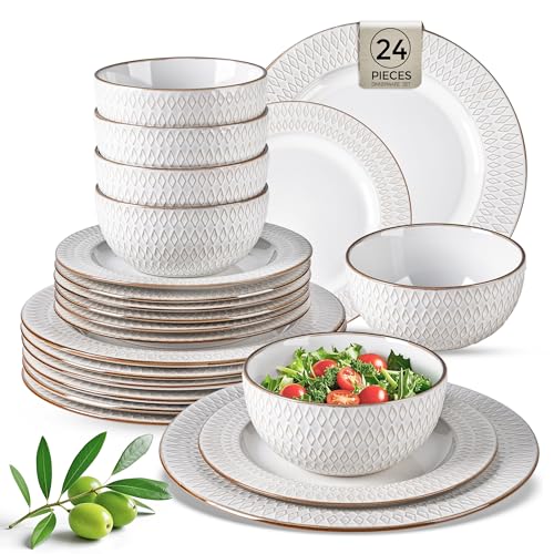 GBHOME Ceramic Dinnerware Sets of 8,24 pcs Plates and Bowls Sets Dishes - color: Pearl White-Diamond, size: Service for 8 (24 pcs)