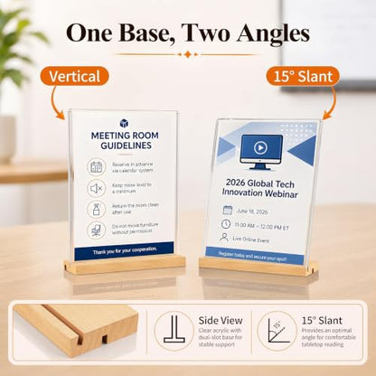 8.5x11 Acrylic Sign Holder with Wooden Base 4 Pack Adjustable Vertical/Tilt - color: Natural, size: 8.5"x11"