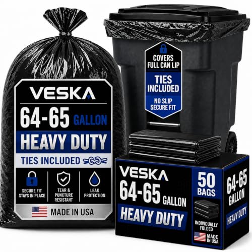 Veska 65 Gallon Trash Bags for Toter, (Value-Pack 50 Count w/Ties) Extra Large 64 Gallon Heavy Duty, 60 Gal Trash Bags Outdoor Garbage Can Liner for CustodiansExtra Large Garbage Bag 70 Gallon - size: 50 Count (Pack of 1)