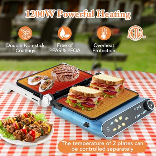 COSTWAY Panini Press, 1200W Sandwich Maker with LED Touch Panel