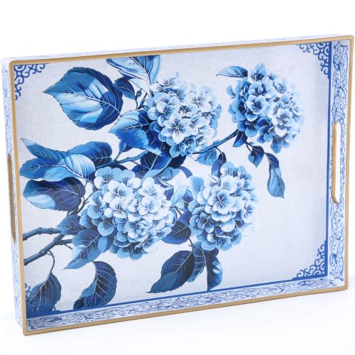 Serving Tray with Handles, Rectangular Plastic Tray 15.75x11.81 Inch, Decorative Tray for Kitchen, Dining Table, Vanity, Office & Home (Blue Hydrangea, 15.8" x 11.8" x 1.6") - color: Blue Hydrangea