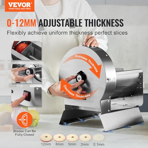 VEVOR Electric Vegetable Slicer, 0-0.5"/0-12mm Thickness Adjustable Commercial Slicer Machine, Convertible to Manual, Stainless Steel Food Cutter Slicing Machine, for Potato, Lemon, Tomato, Apple - size: Electric-Vegetable-Stainless Steel