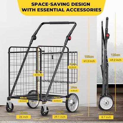 XINGLANG Heavy Duty Folding Shopping Cart – 5.7 Cu Ft, 600 lbs Capacity, Double Basket & Removable Waterproof Liner, 360° Swivel Wheels with Brakes, Adjustable & Rotating Handle for Laundry & Grocery - size: Gigantic