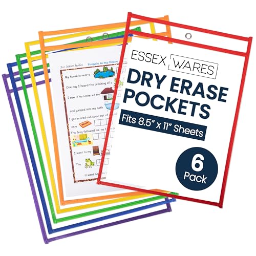 Essex Wares - 6 Pack, Assorted Colors Dry Erase Pockets, 10" W x 13.5" T - color: Assorted Colors
