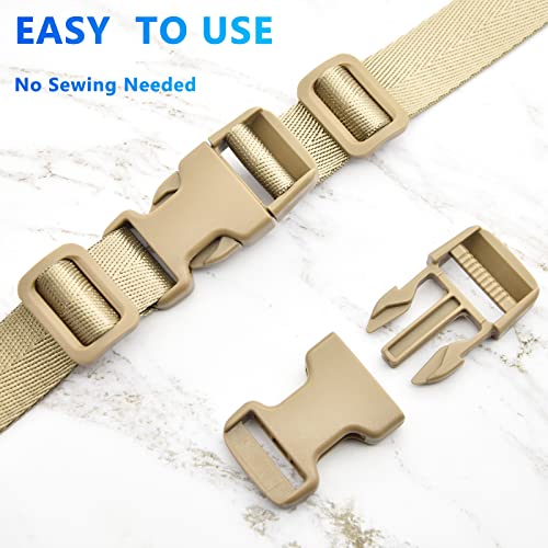 1 inch Buckles Straps Set with 10 Yards Nylon Webbing Strap,10 pcs Quick Side Release Plastic Buckle, 20 pcs Tri-glide Slide Clip for Luggage Strap, Backpack Replacement (Khaki) - color: Khaki