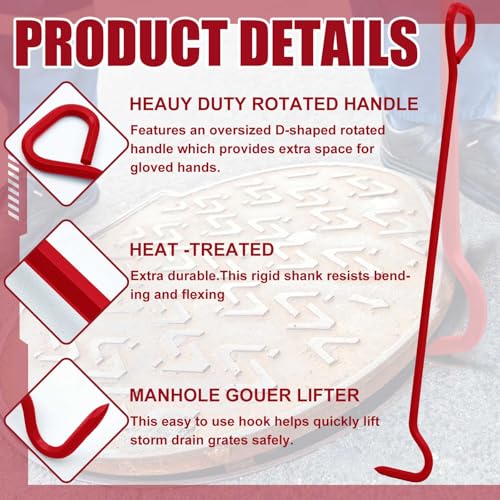 Therwen 2 Pcs 36 Inch Manhole Cover Hook Tool, 5/8" Hex Alloy Steel, Red - color: Red, size: 36 Inch