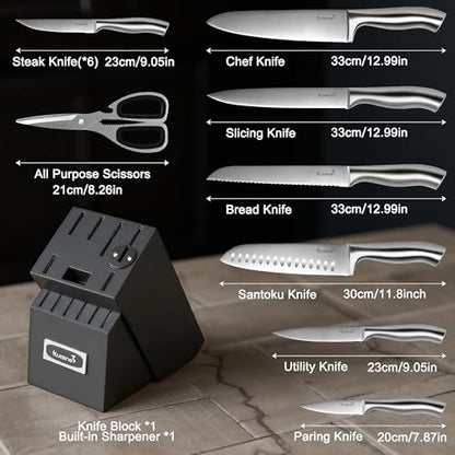 KUISINE Upgraded Premium Chef Knife Set,High Carbon Stainless Steel Razor-sharp Blade Ergonomic Non-slip Steel Handle,Block Knife Set with Built-in Sharpener(Black Silver,15PCS) - color: ET Black