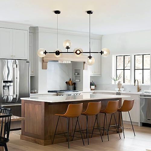 KCO Lighting 6-Light Modern Globe Sputnik Chandelier Mid Century Black Pendant Light Chandelier Dining Room Linear Pendant Lighting Kitchen Island Adjustable Pendant Light Fixtures (Black+Amber) - color: Black